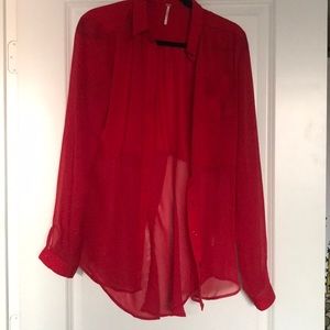Free People red partially sheer blouse